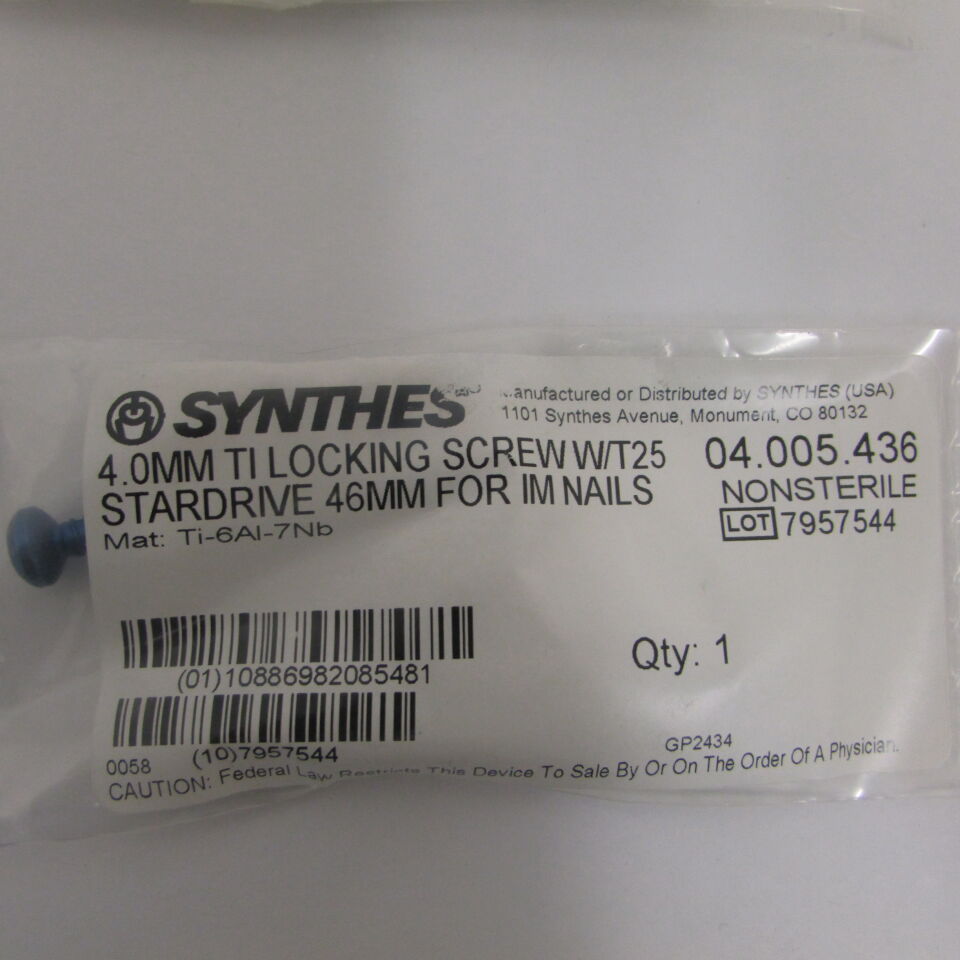 04.005.436 - SYNTHES - 4.0mm ti locking screw w/t25 stardrive 46mm for im nails, () - ( Expiry Date: EACH )