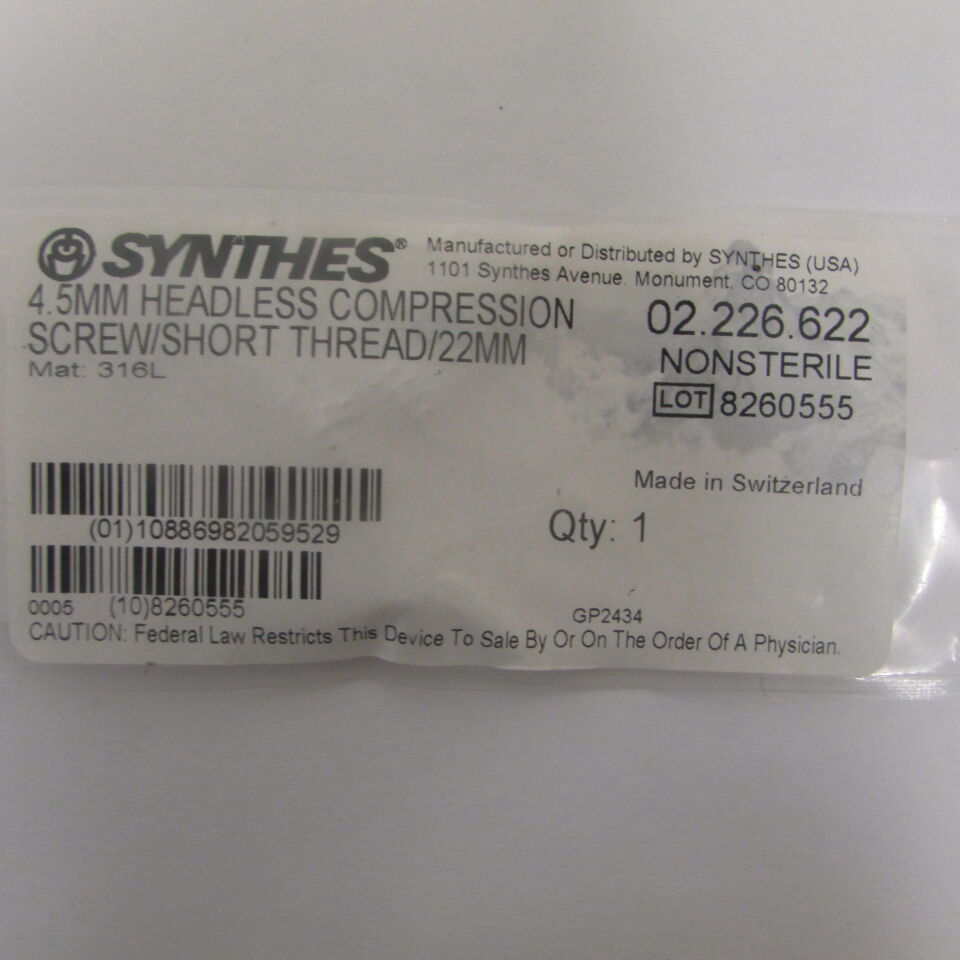 02.226.622 - SYNTHES - 4.5mm headless compression screw/short thread/22mm, () - ( Expiry Date: EACH )