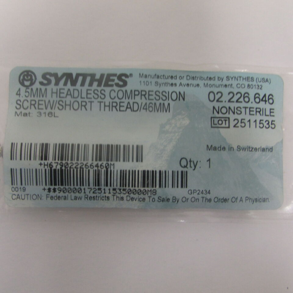 02.226.646 - SYNTHES - 4.5mm headless compression screw/short thread/46mm, () - ( Expiry Date: EACH )
