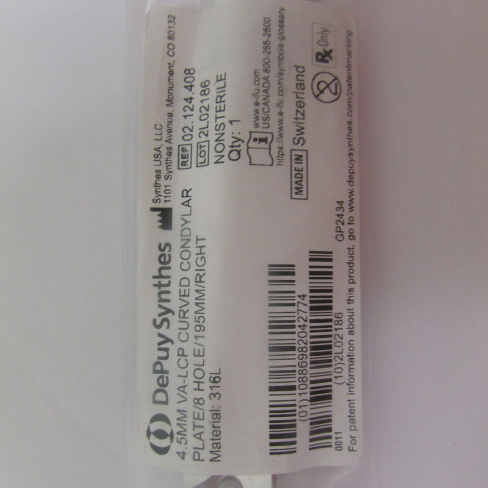 02.124.408 - SYNTHES - 4.5mm va-lcp curved condylar plate/6hole/159mm/right, () - ( Expiry Date: EACH )