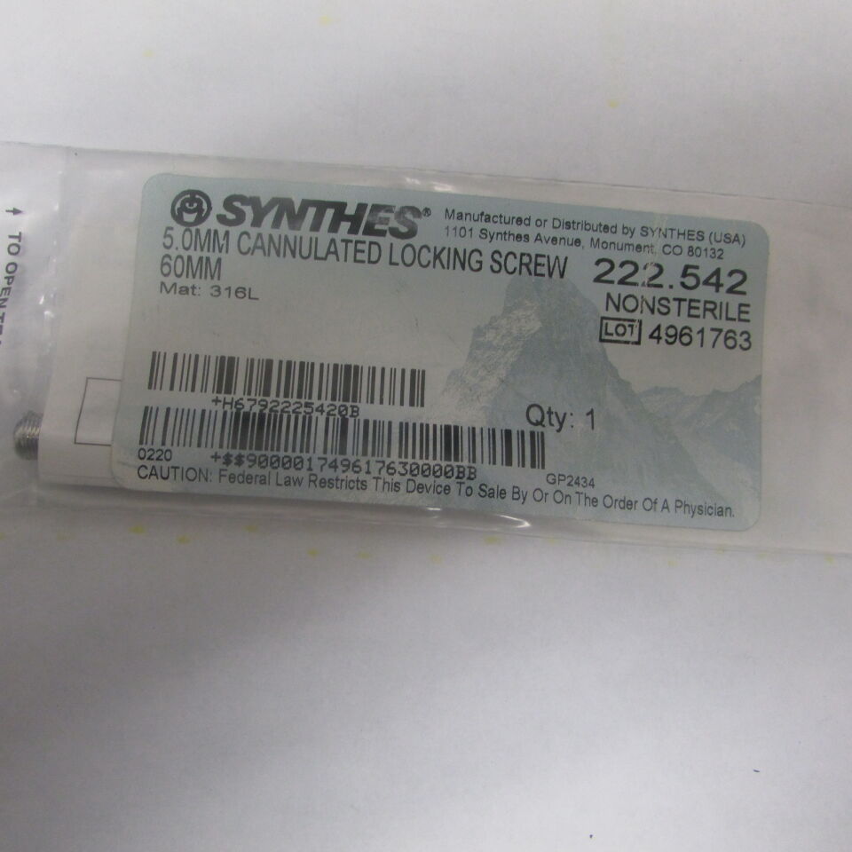 222.542 - SYNTHES - 5.0 mm cannulated locking screw 60mm, () - ( Expiry Date: EACH )