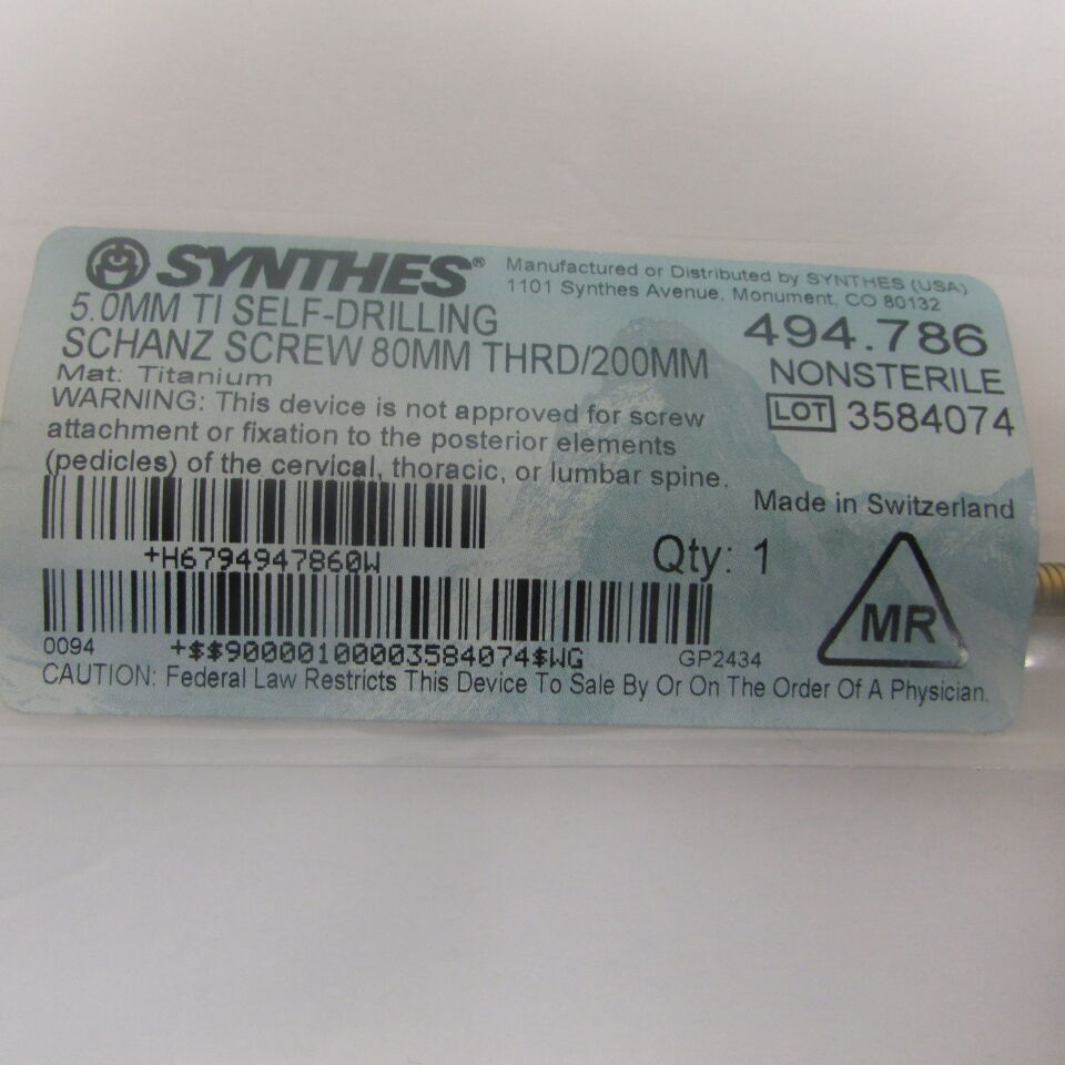 494.786 - SYNTHES - 5.0mm ti self-drilling schanz screw 80mm thrd/200mm, () - ( Expiry Date: EACH )