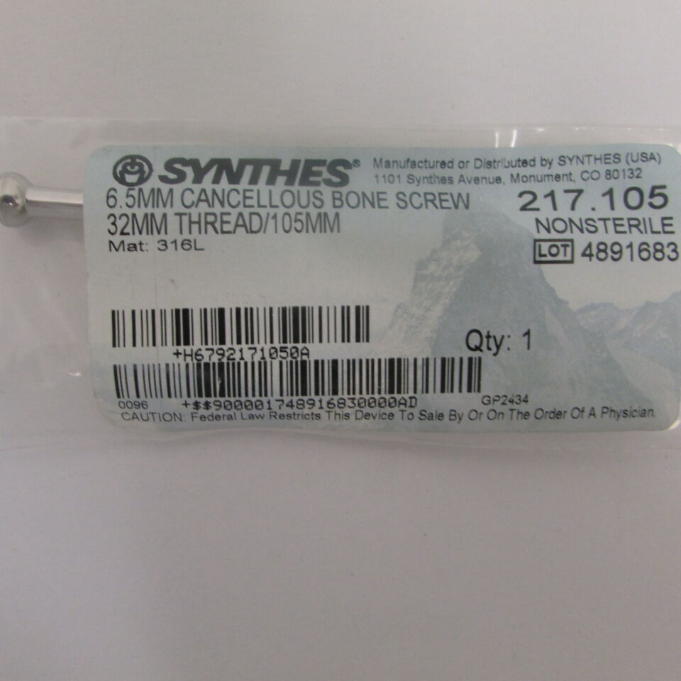 217.105 - SYNTHES - 6.5mm cancellous bone screw 32mm thread/105mm, () - ( Expiry Date: EACH )