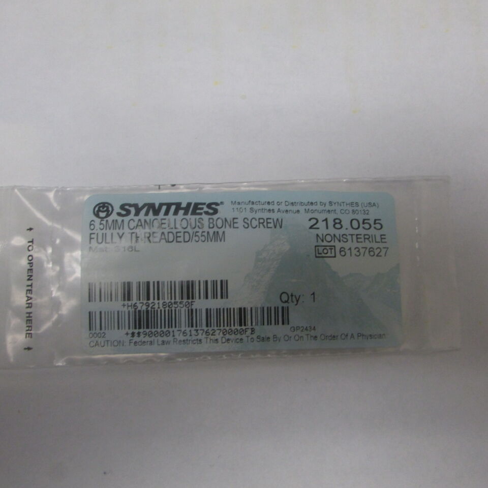 218.055 - SYNTHES - 6.5mm cancellous bone screw fully threaded/55mm, () - ( Expiry Date: EACH )