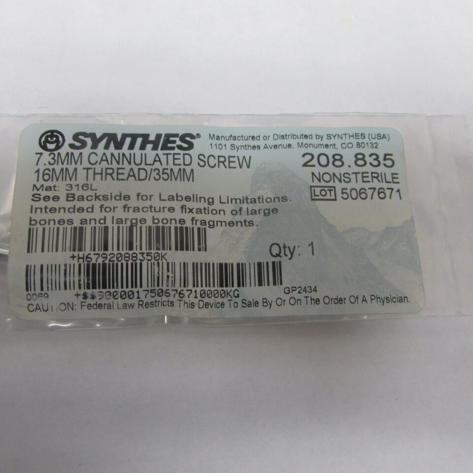 208.835 - SYNTHES - 7.3mm cannulated screw 16mm thread/35mm, () - ( Expiry Date: EACH )