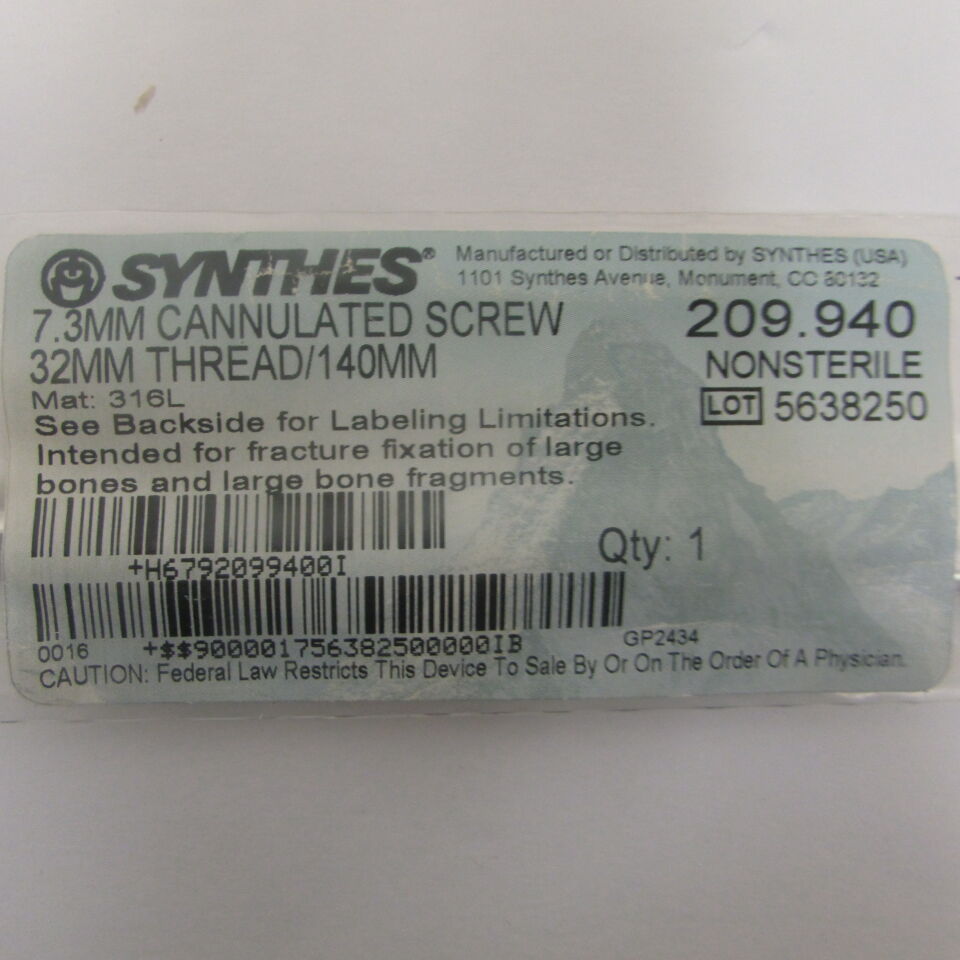 209.94 - SYNTHES - 7.3mm cannulated screw 32mm thread / 140mm, () - ( Expiry Date: EACH )