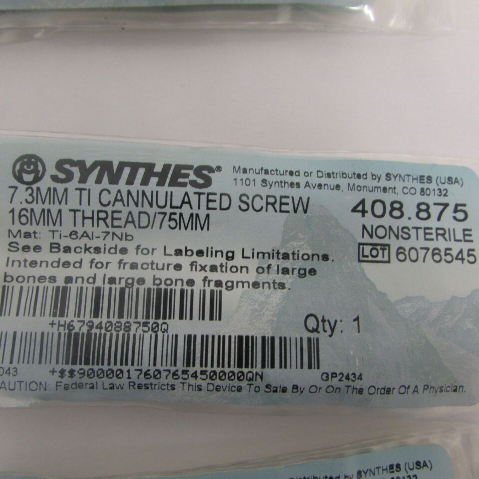 408.875 - SYNTHES - 7.3mm ti cannulated screw 16mm thread 75mm, () - ( Expiry Date: EACH )