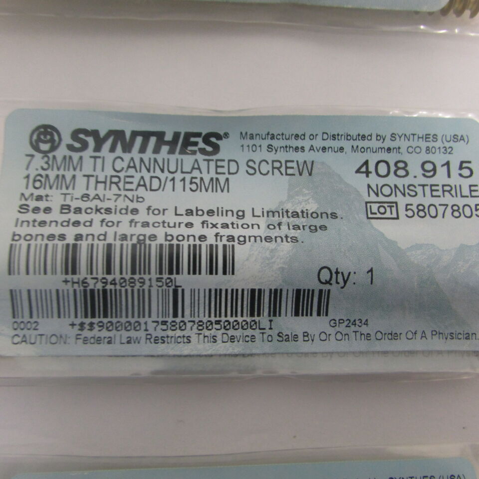 408.915 - SYNTHES - 7.3mm ti cannulated screw 16mm thread/115mm, () - ( Expiry Date: EACH )