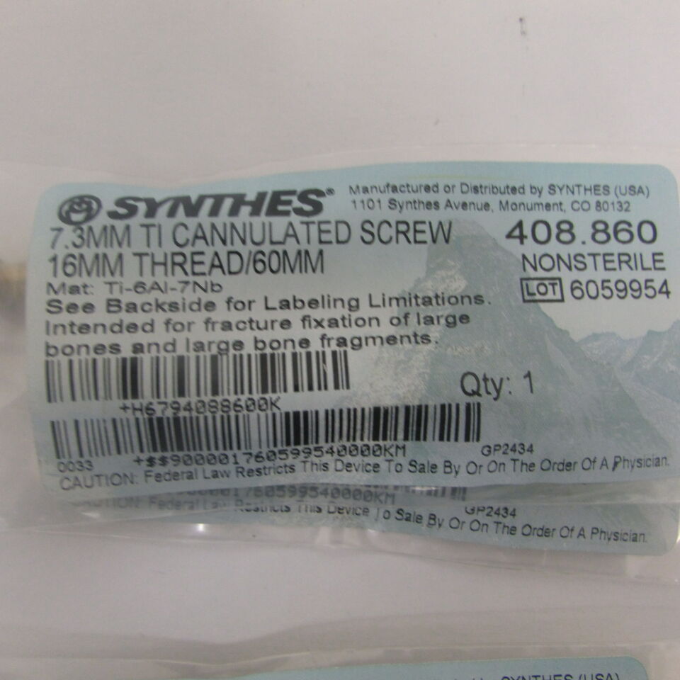 408.86 - SYNTHES - 7.3mm ti cannulated screw 16mm thread/60mm, () - ( Expiry Date: EACH )