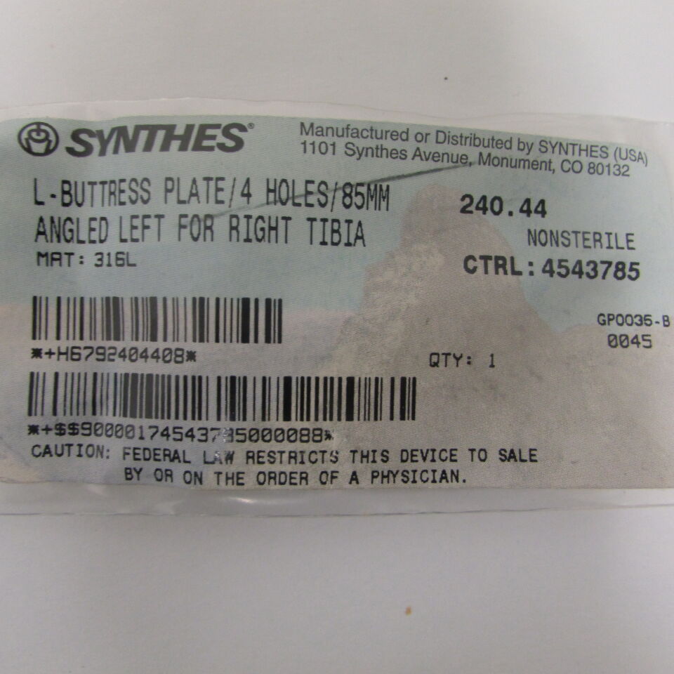 240.44 - SYNTHES - l-buttress plate/4 holes/85mm angled left for right tibia, () - ( Expiry Date: EACH )