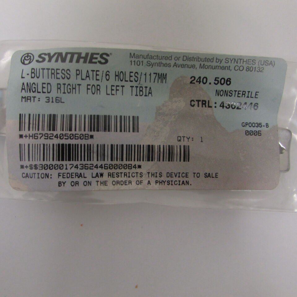 240.506 - SYNTHES - l-buttress plate/6 holes/117mm angled left for left tibia, () - ( Expiry Date: EACH )