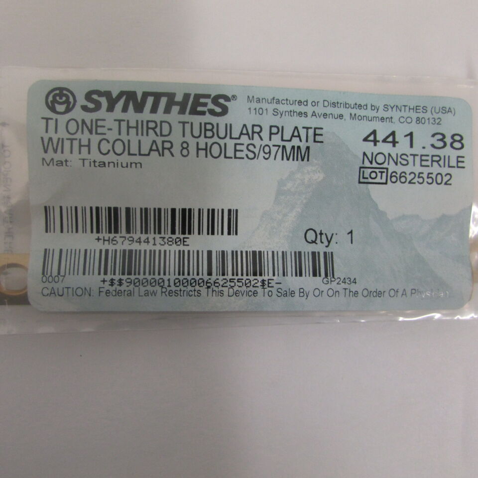 441.38 - SYNTHES - ti one-third tubular plate with collar 8 holes/97mm, () - ( Expiry Date: EACH )