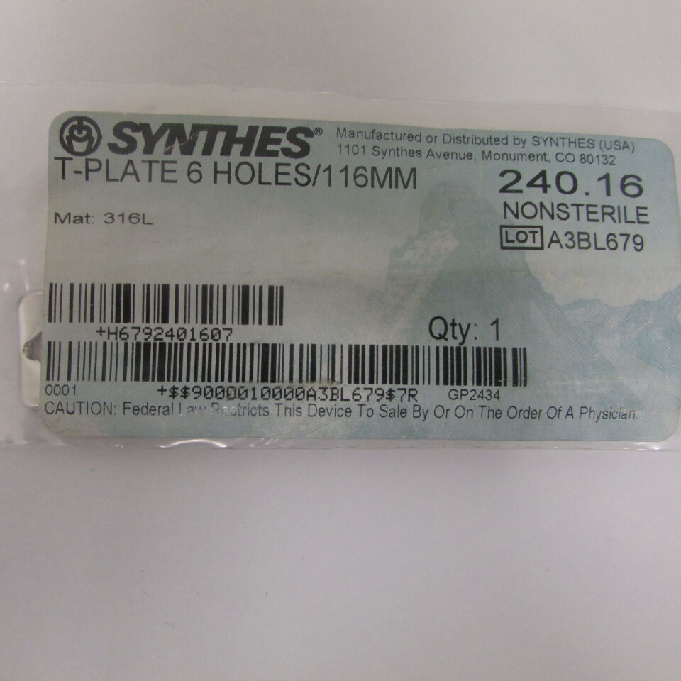 240.16 - SYNTHES - TPLATE 6 H 16MM, () - ( Expiry Date: EACH )