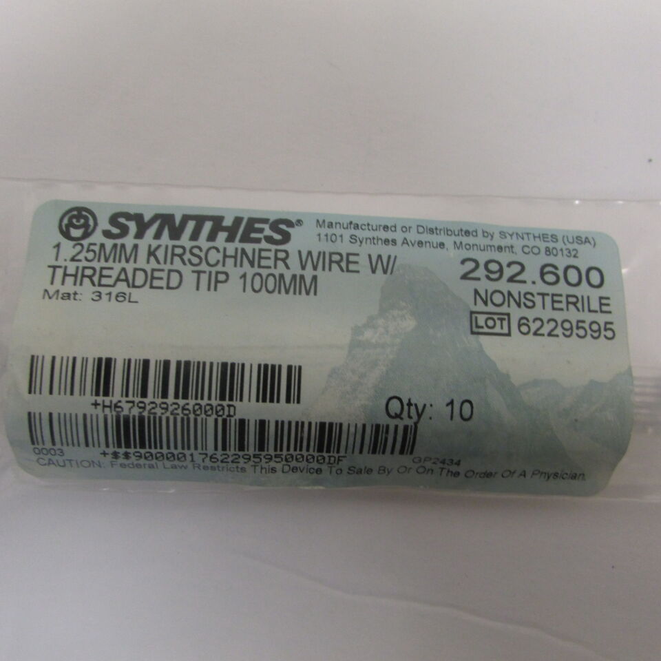 292.6 - SYNTHES - 1.25mm kirschner wire w/threaded tip 100mm, () - ( Expiry Date: EACH )