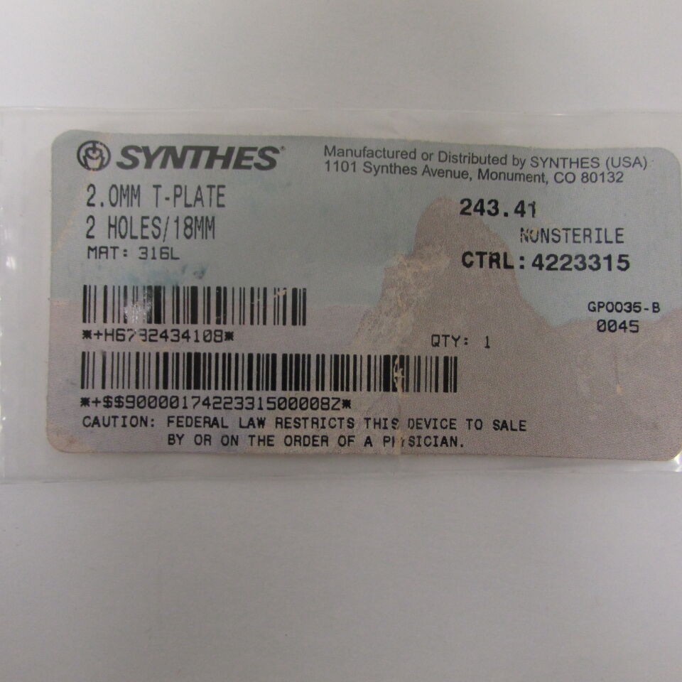 243.41 - SYNTHES - 2.0 mm tplate 2h 18mm, () - ( Expiry Date: EACH )