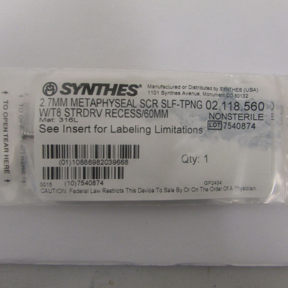 02.118.560 - SYNTHES - 2.7mm metaphyseal scr slf-tpng w/t8 strdrv recess/60mm, () - ( Expiry Date: EACH )