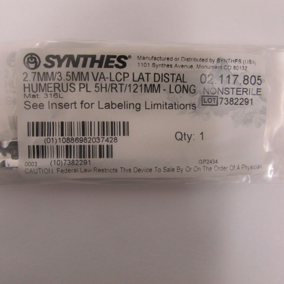 02.117.805 - SYNTHES - 2.7mm/3.5mm va-lcp lat distal humerus pl 5h/rt/121mm-long, () - ( Expiry Date: EACH )