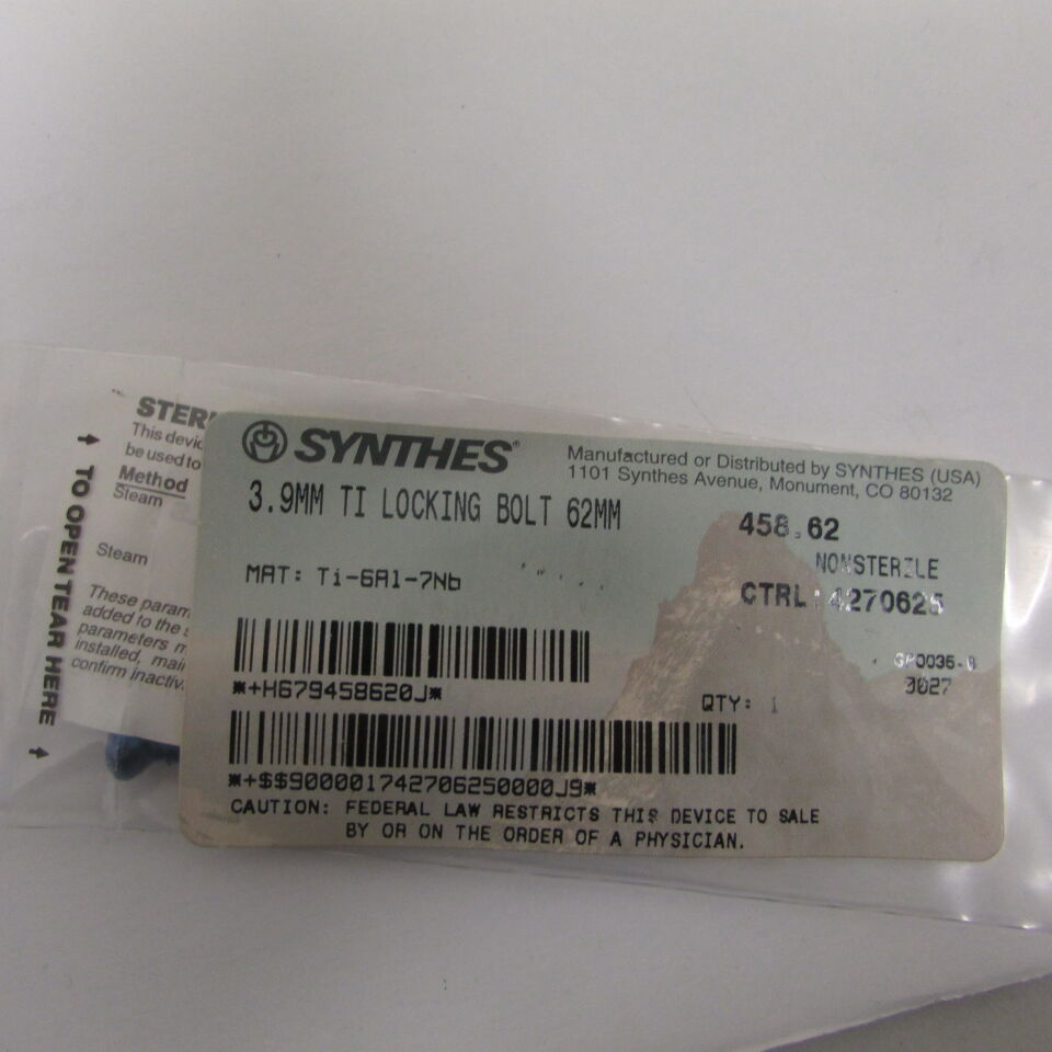 458.62 - SYNTHES - 3.9mm ti locking bolt 62mm, () - ( Expiry Date: EACH )
