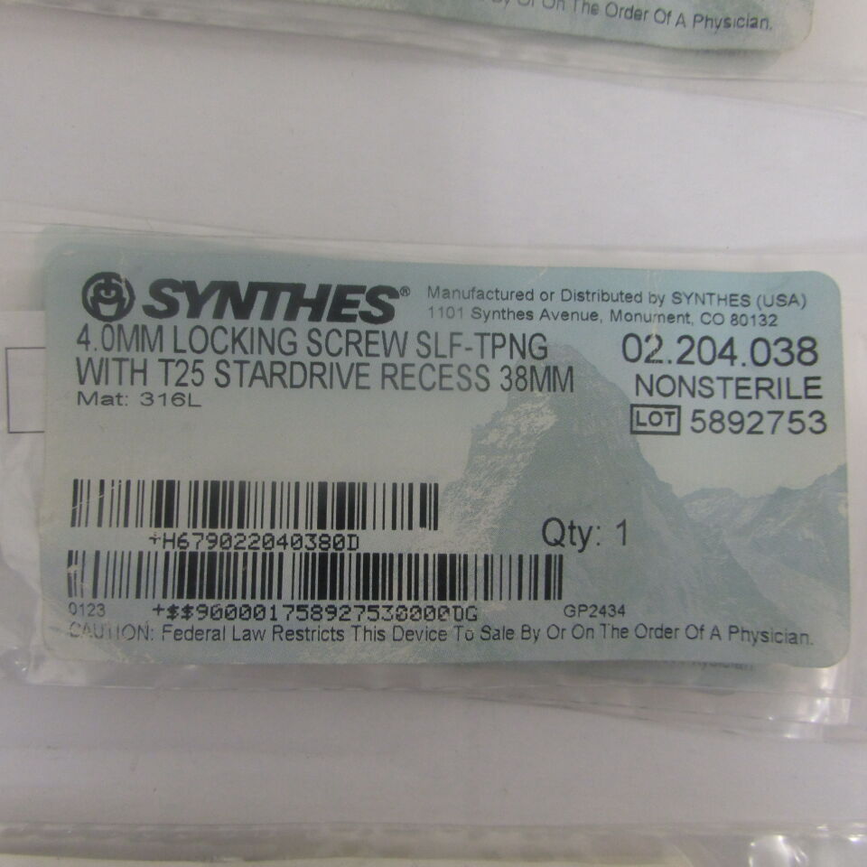 02.204.038 - SYNTHES - 4.0mm locking screw slf-tpng with t25 stardrive recess 38mm, () - ( Expiry Date: EACH )