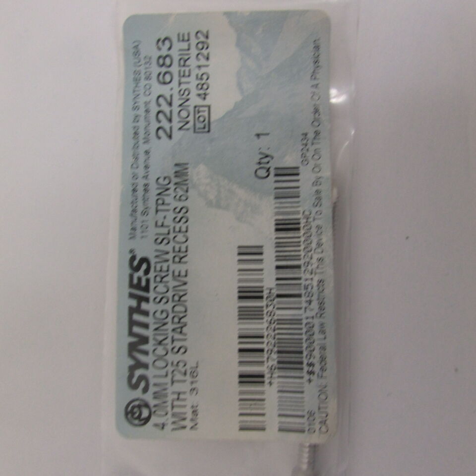 222.683 - SYNTHES - 4.0mm locking screw slf-tpng with t25 stardrive recess 62mm, () - ( Expiry Date: EACH )