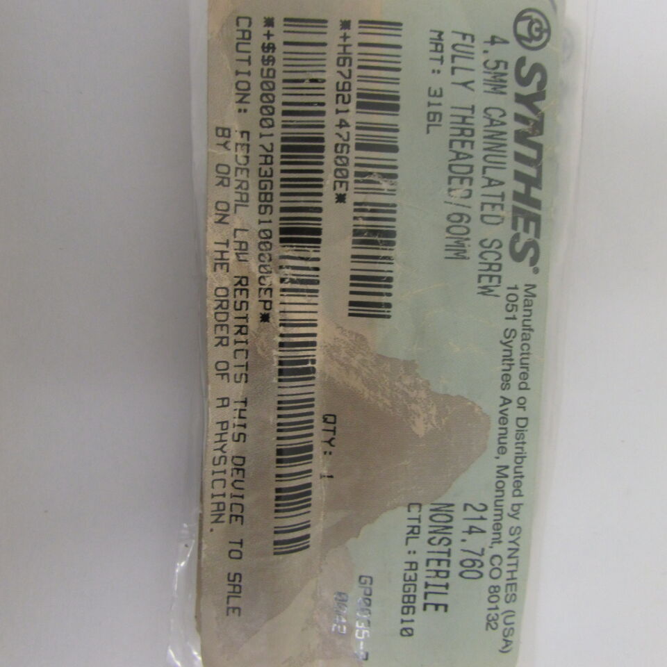 214.76 - SYNTHES - 4.5mm cannulated screw fully threaded/60mm, () - ( Expiry Date: EACH )