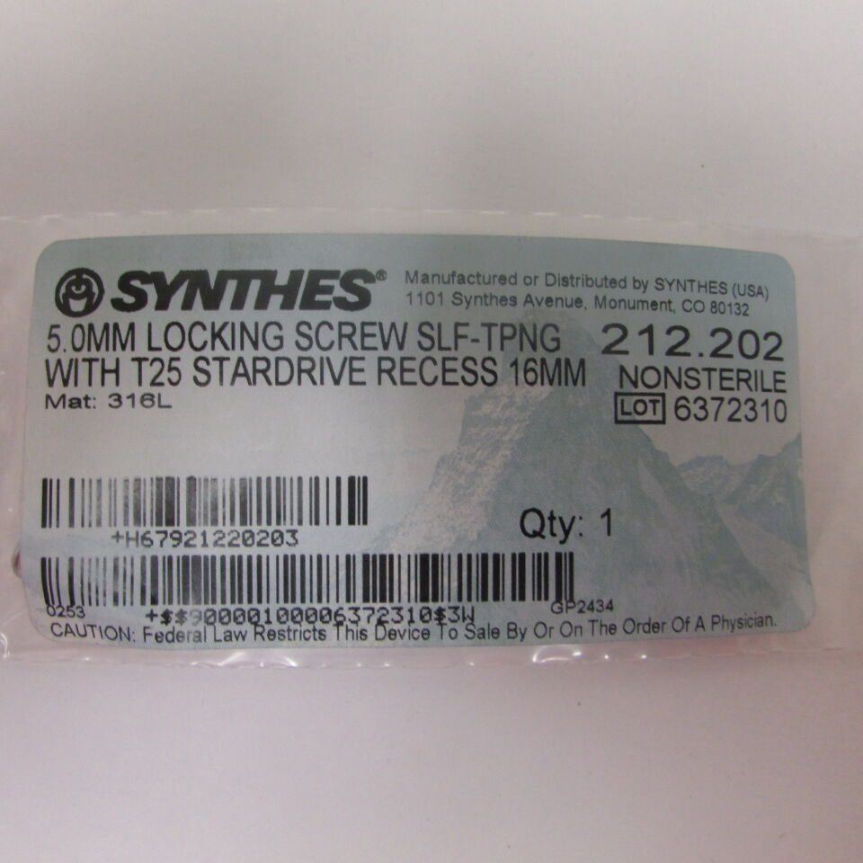 212.202 - SYNTHES - 5.0mm locking screw slf-tping with t25 stardrive recess 16mm, () - ( Expiry Date: EACH )