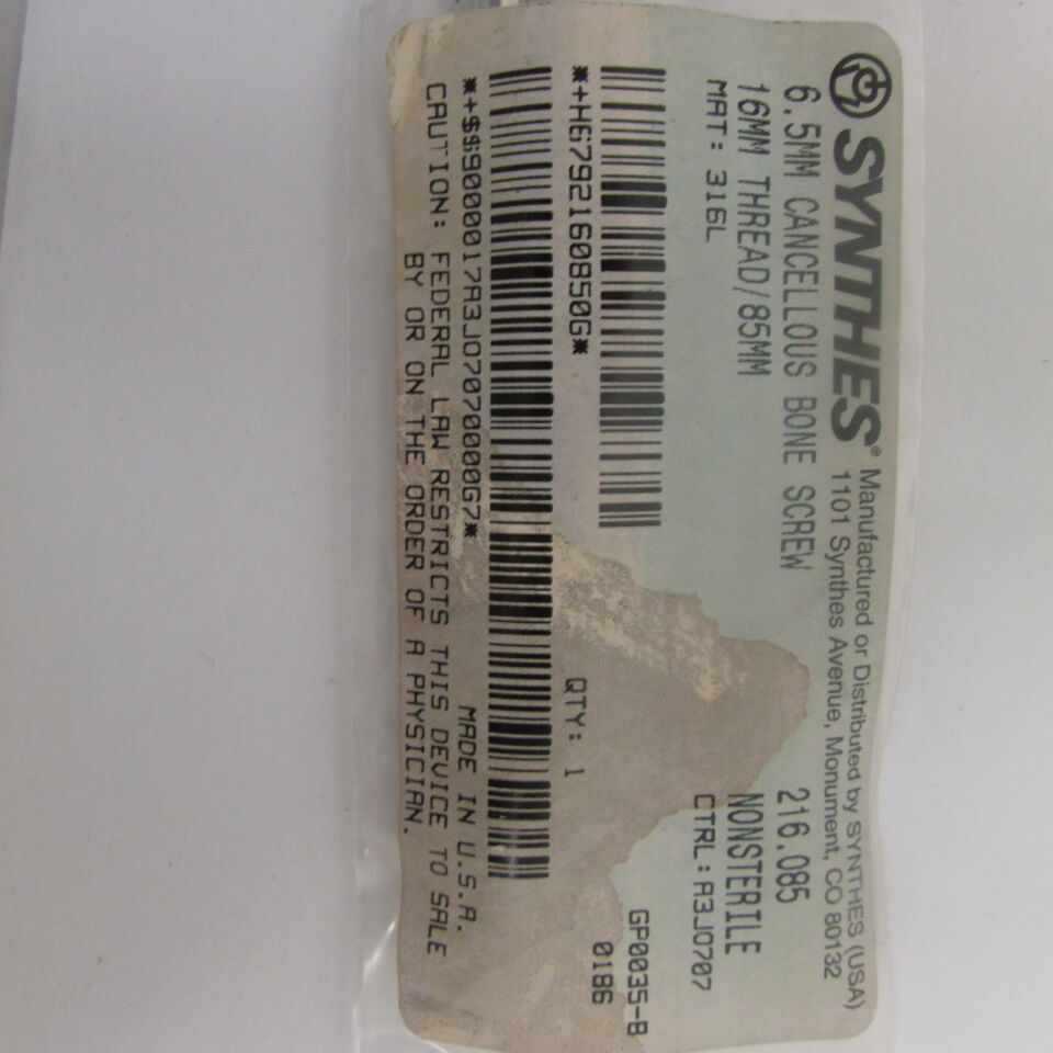 216.085 - SYNTHES - 6.5mm cancellous bone screw 16mm thread/85mm, () - ( Expiry Date: EACH )