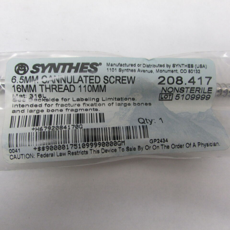 208.417 - SYNTHES - 6.5mm cannulated screw, 16mm thread, 110mm, () - ( Expiry Date: EACH )