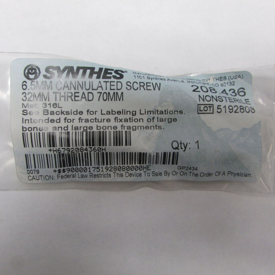 208.436 - SYNTHES - 6.5mm cannulated screw, 32mm thread, 70mm, () - ( Expiry Date: EACH )
