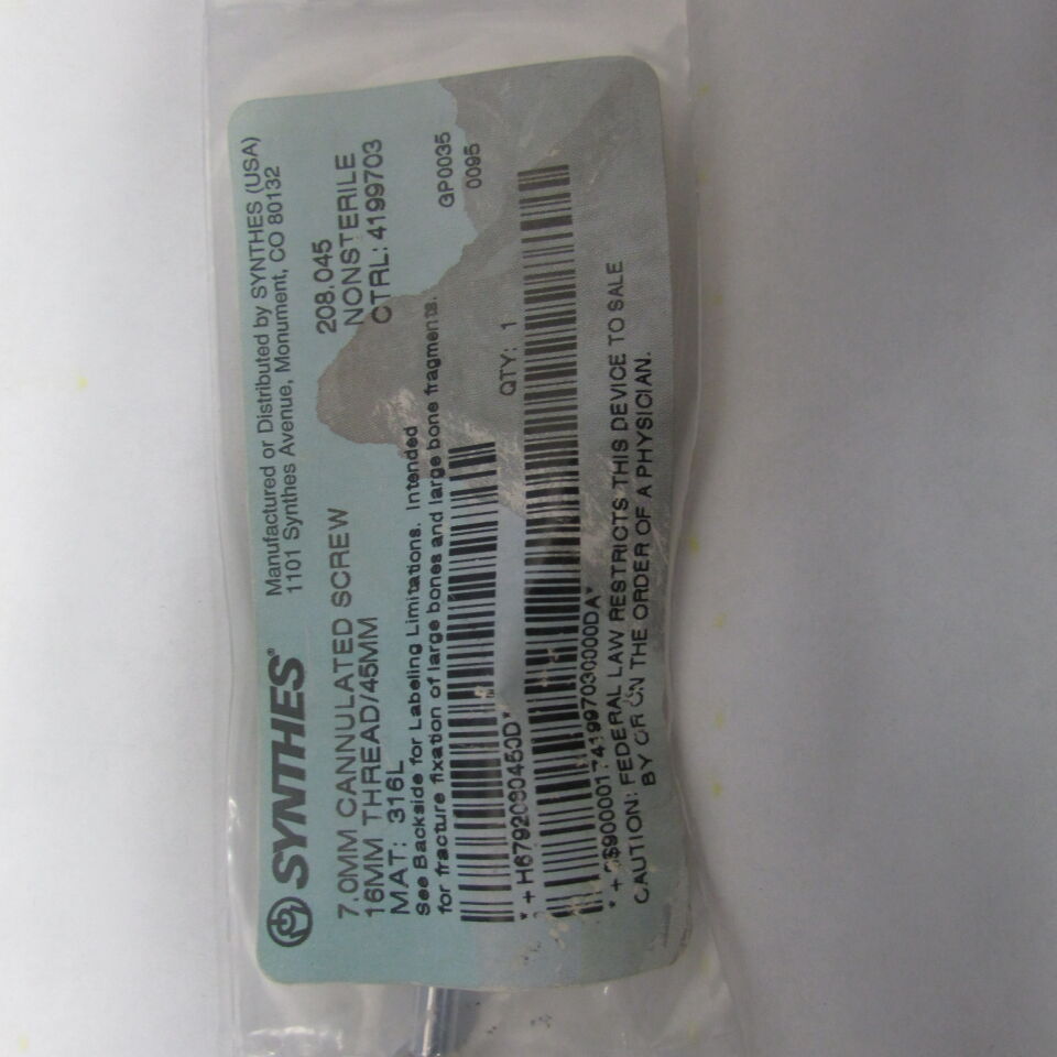 208.045 - SYNTHES - 7.0mm cannulated screw 16mm thread/45mm, () - ( Expiry Date: EACH )