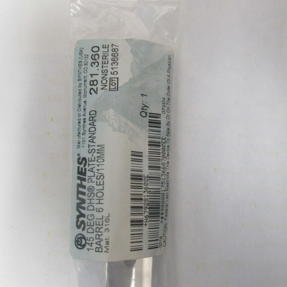 281.36 - SYNTHES - 145 deg dhs plate-standard barrel 6 holes/110mm, () - ( Expiry Date: EACH )
