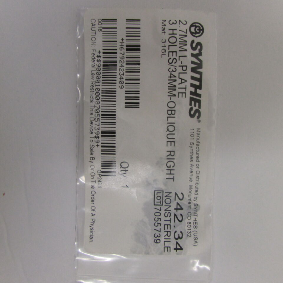 242.34 - SYNTHES - 2.7mm lplate 3 h 44mm oblique right, () - ( Expiry Date: EACH )