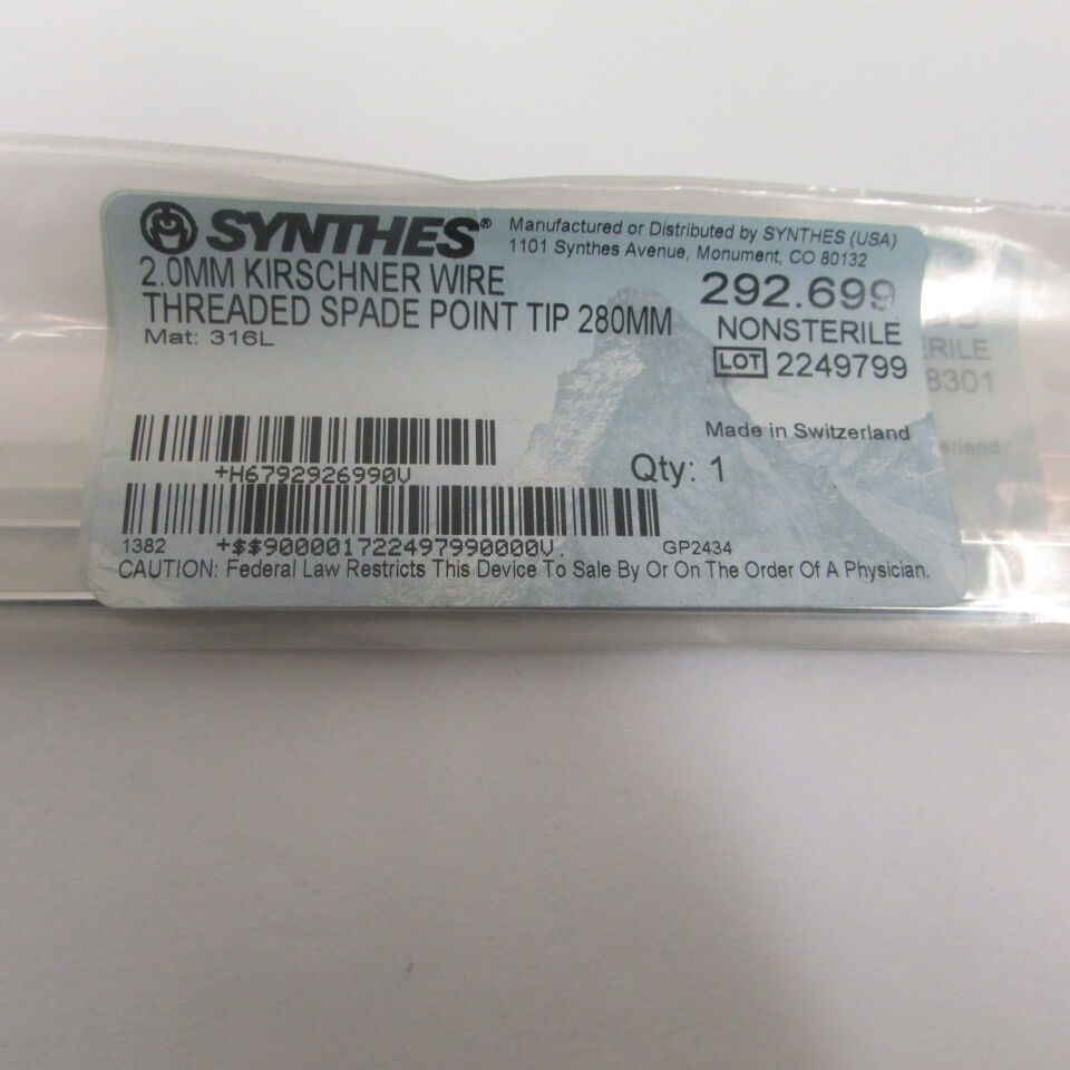 292.699 - SYNTHES - 2mm kirschner wire threaded spade point tip 280mm, () - ( Expiry Date: EACH )