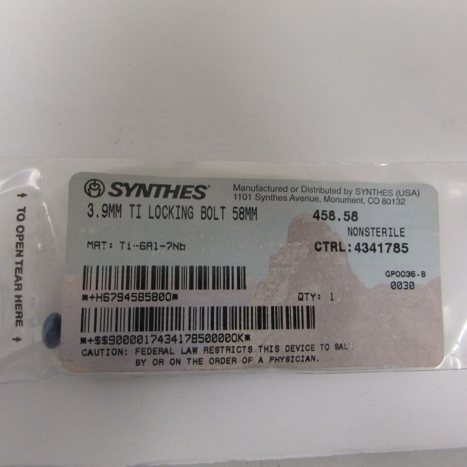 458.58 - SYNTHES - 3.9mm ti locking bolt 58mm, () - ( Expiry Date: EACH )