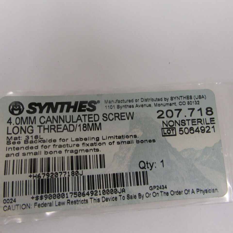 207.718 - SYNTHES - 4.0mm cannulated screw long thread/18mm, () - ( Expiry Date: EACH )