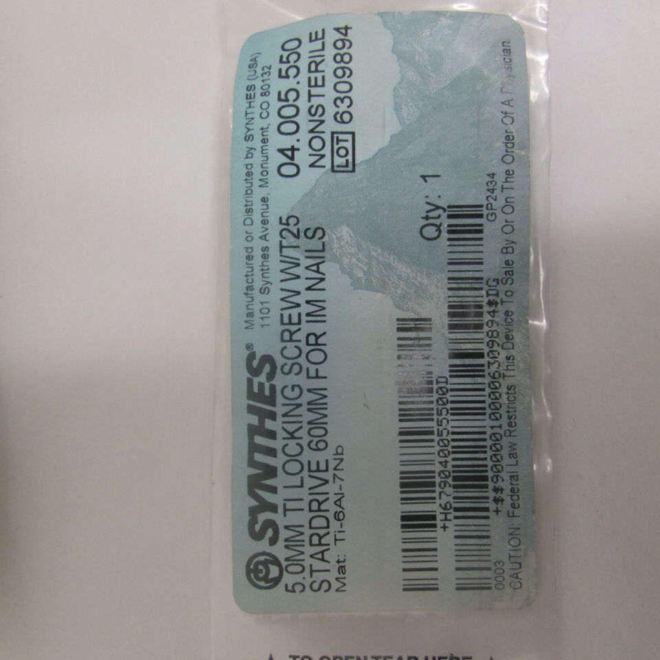 04.005.550 - SYNTHES - 5.0mm ti locking screw w/t25 stardrive 60mm for im nails, () - ( Expiry Date: EACH )