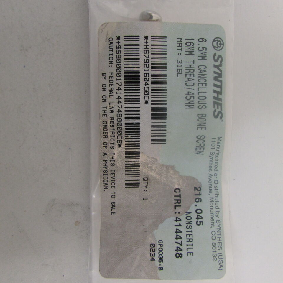 216.045 - SYNTHES - 6.5mm cancellous bone screw 16mm thread/45mm, () - ( Expiry Date: EACH )