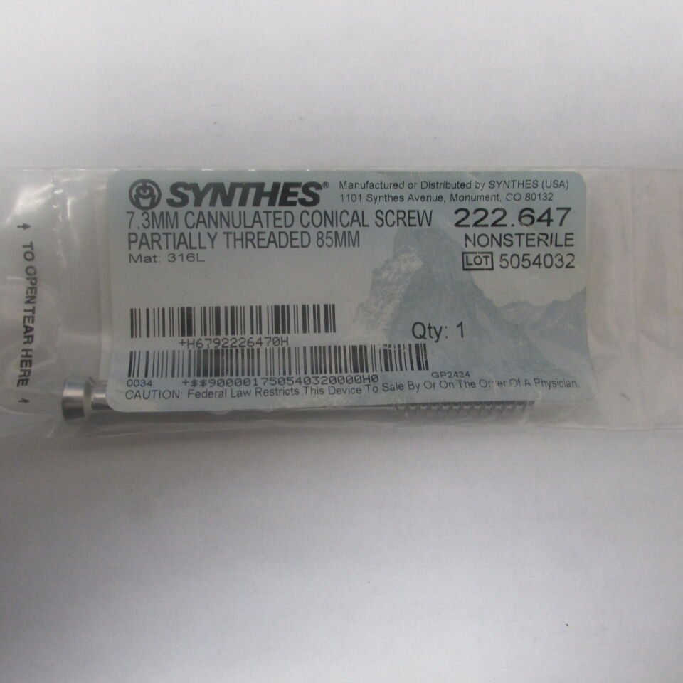 222.647 - SYNTHES - 7.3mm cannulated conical screw partially threaded 85mm, () - ( Expiry Date: EACH )