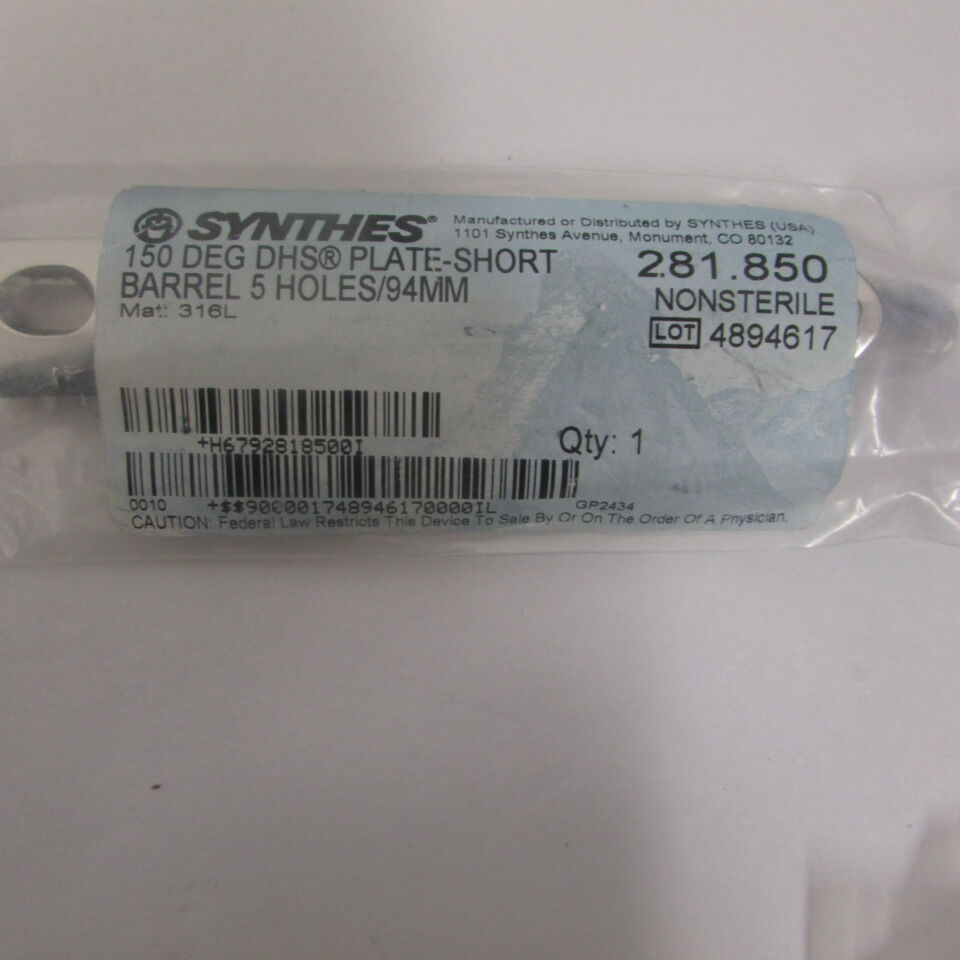 281.85 - SYNTHES - 150 deg dhs plate-short barrel 5 holes/94mm, () - ( Expiry Date: EACH )