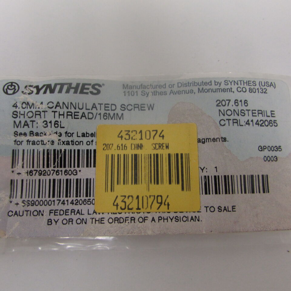 207.616 - SYNTHES - 4.0mm cannulated screw short thread/16mm, () - ( Expiry Date: EACH )