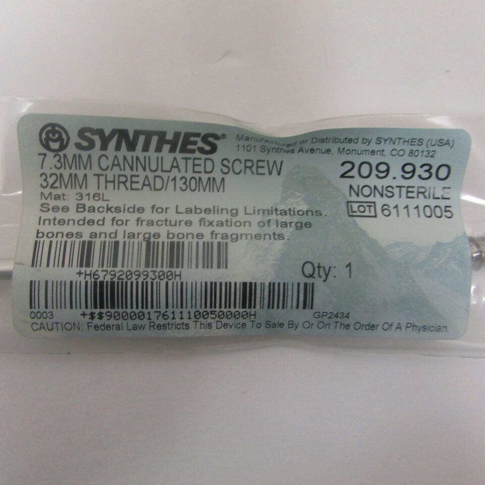209.93 - SYNTHES - 7.3mm cannulated screw 32mm thread / 130mm, () - ( Expiry Date: EACH )