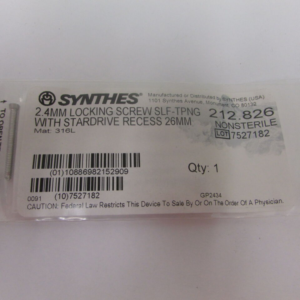 212.826 - SYNTHES - 2.4mm locking screw self tapping with star drive recess 26 mm, () - ( Expiry Date: EACH )