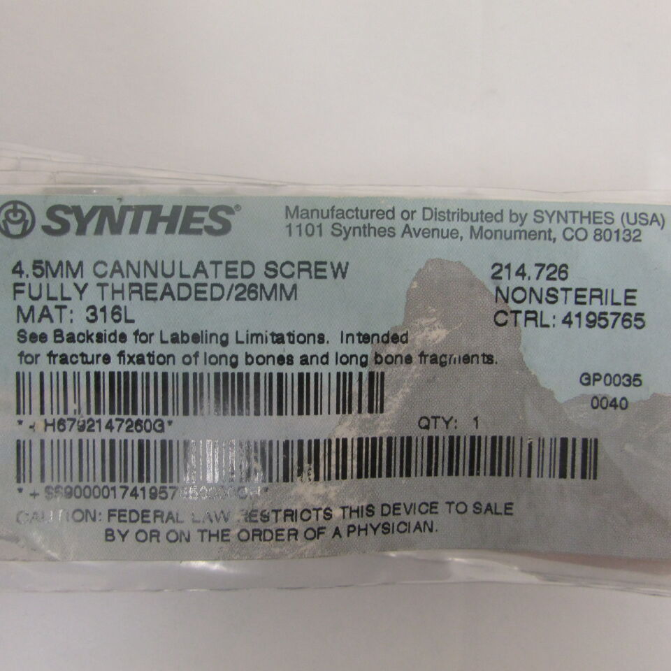 214.726 - SYNTHES - 4.5mm cannulated screw fully threaded 26mm, () - ( Expiry Date: EACH )