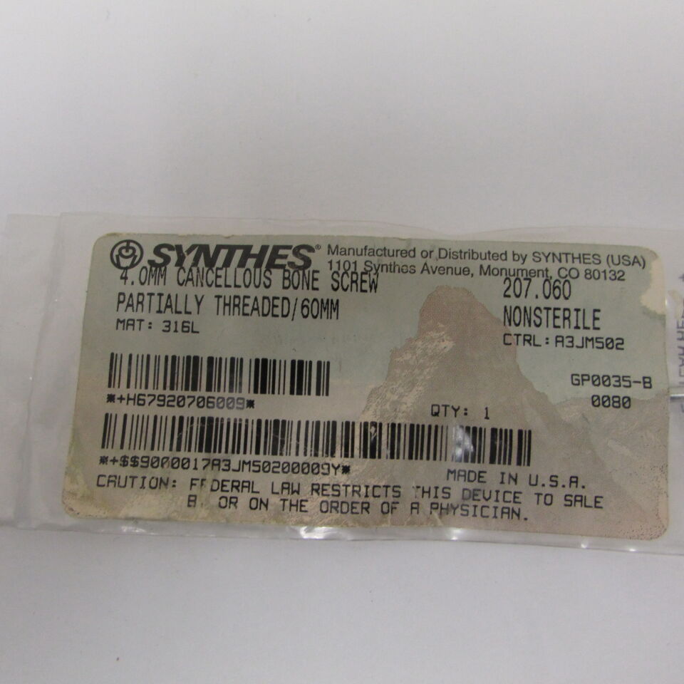 207.06 - SYNTHES - 4.0mm cancellous bone screw partially threaded/60mm, () - ( Expiry Date: EACH )