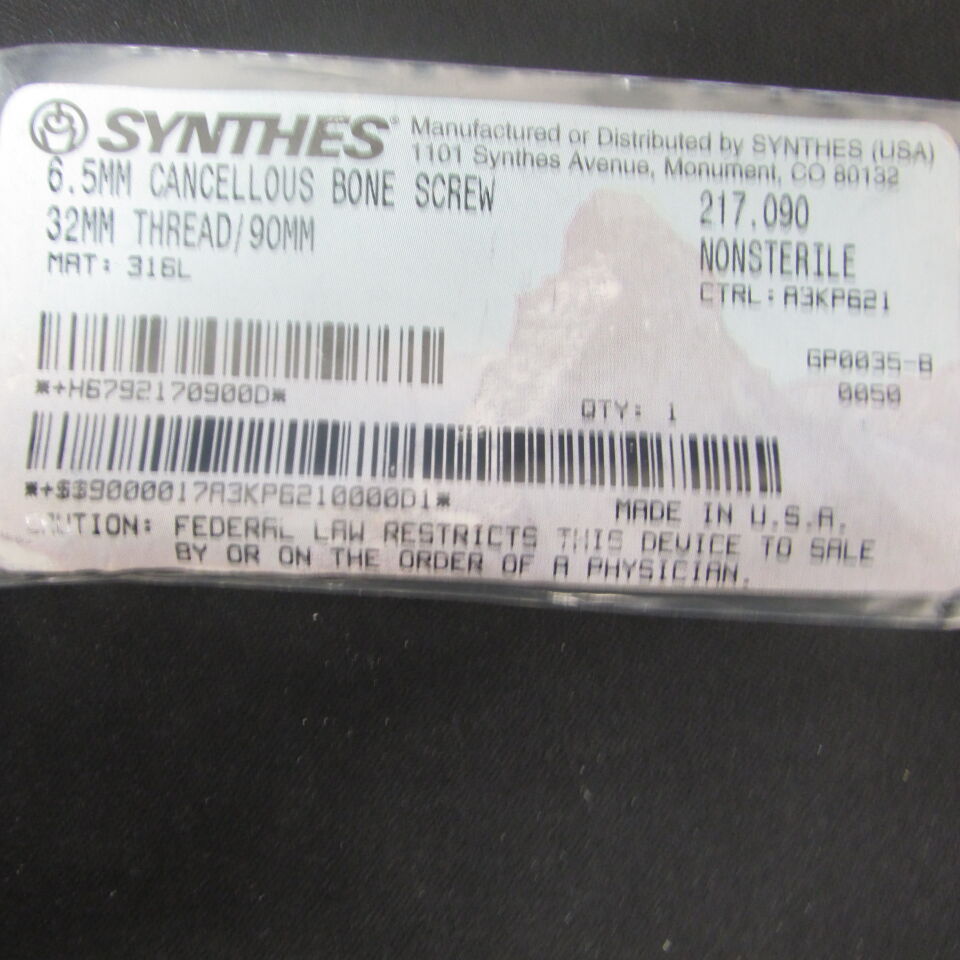 217.09 - SYNTHES - 6.5mm cancellous bone screw 32mm thread/90mm, () - ( Expiry Date: EACH )