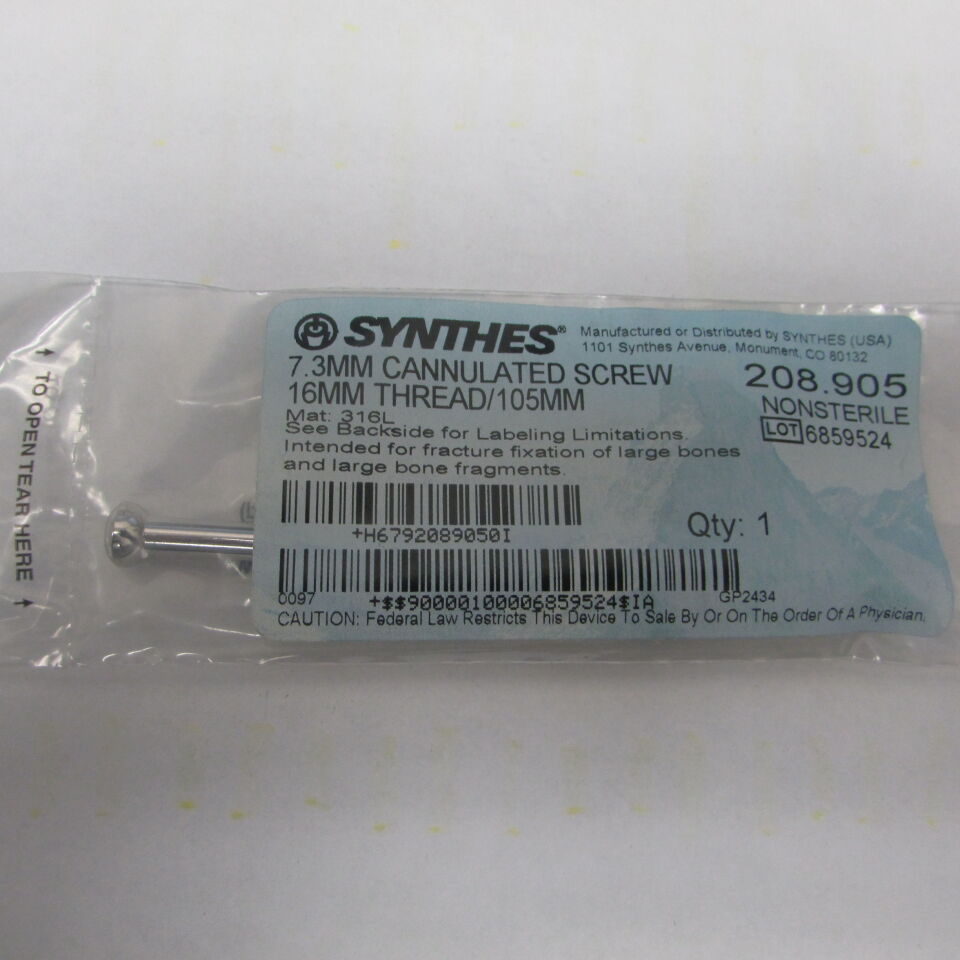 208.905 - SYNTHES - Stainless Steel Self-Tapping Cannulated Screw, 7.3 x 105 mm
, () - ( Expiry Date:  )