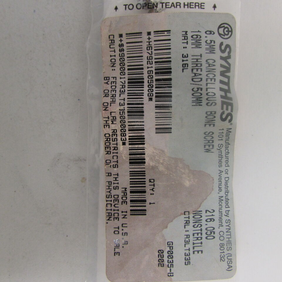 216.05 - SYNTHES - 6.5mm cancellous bone screw 16mm thread/50mm, () - ( Expiry Date: EACH )