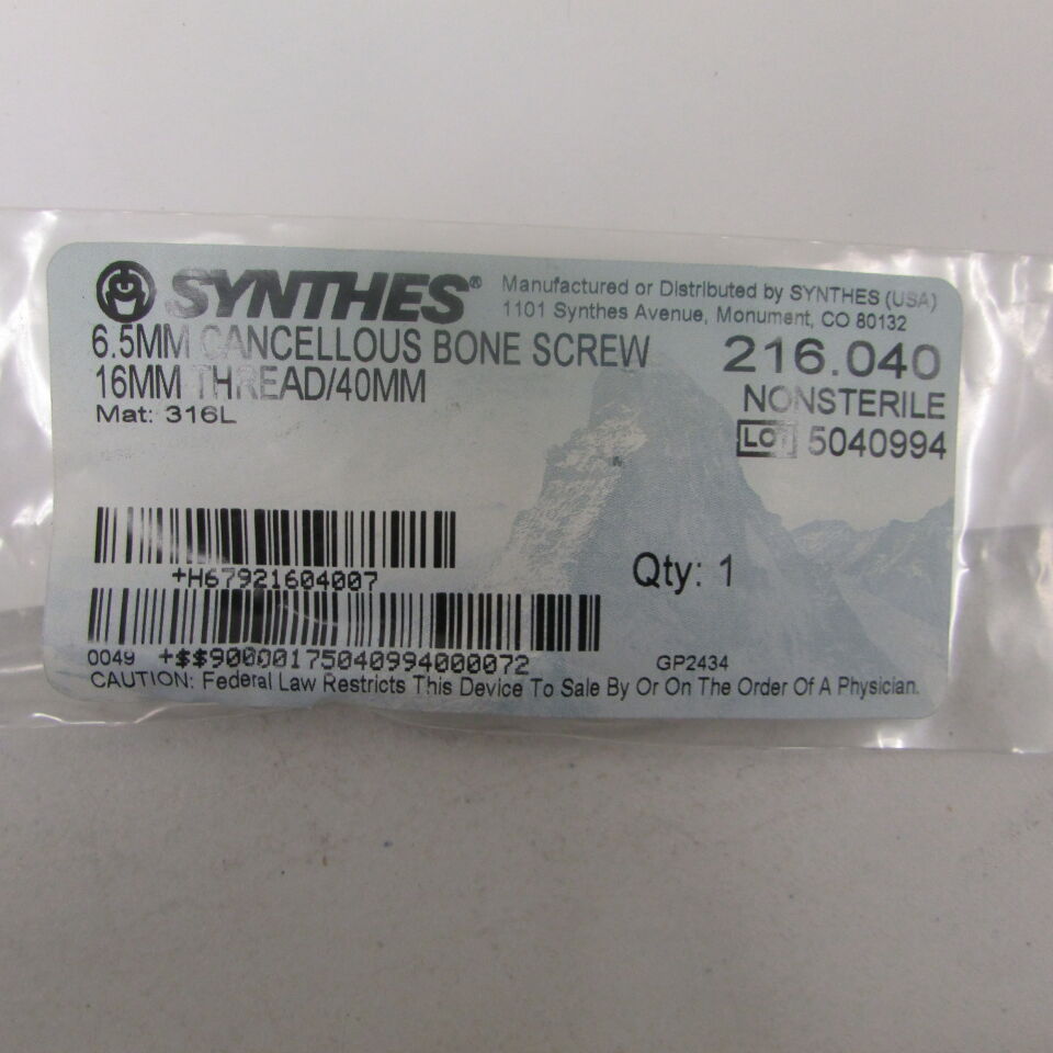216.04 - SYNTHES - 6.5mm cancellous bone screw 16mm thread/40mm, () - ( Expiry Date: EACH )