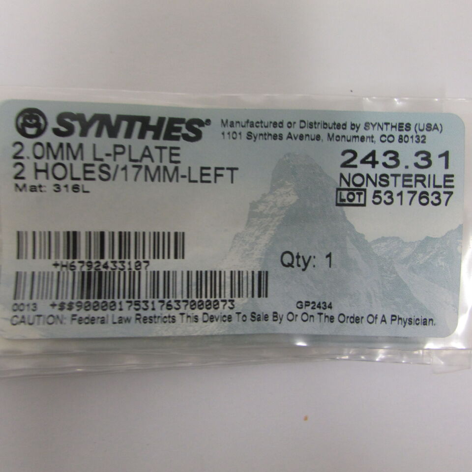 243.31 - SYNTHES - 2.0mm l-plate 2holes/17mm-left, () - ( Expiry Date: EACH )