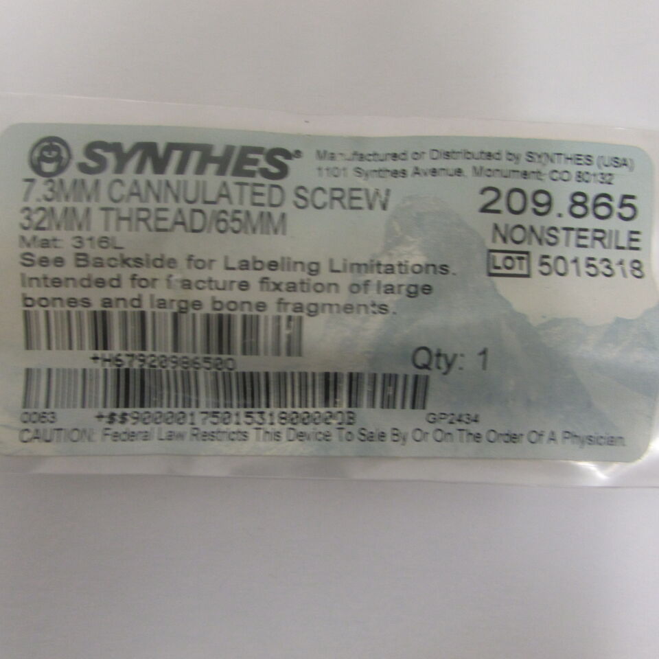209.865 - SYNTHES - 7.3mm cannulated screw 32mm thread / 65mm, () - ( Expiry Date: EACH )